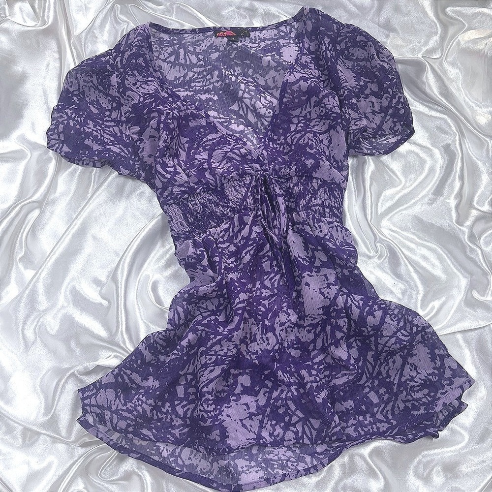 y2k Blouse Purple Sheer Smocked Tie Front Abstract Print Top Forever 21